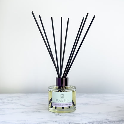 Coconut, Oakmoss & Tonka reed diffuser, bottle and reeds