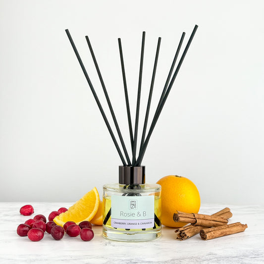 Cranberry, Orange & Cinnamon reed diffuser, styled photo