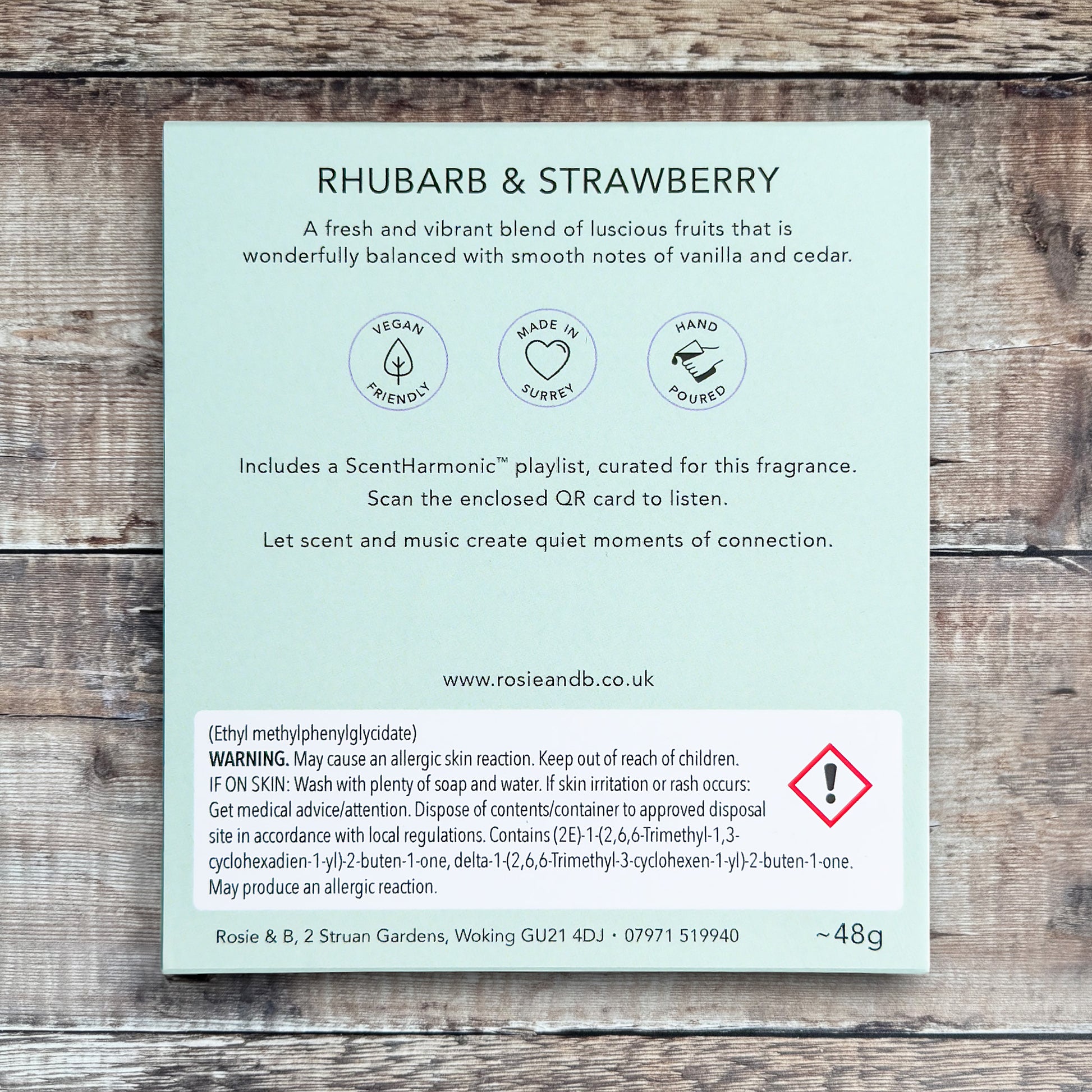 Rhubarb & Strawberry wax melts product sleeve - back