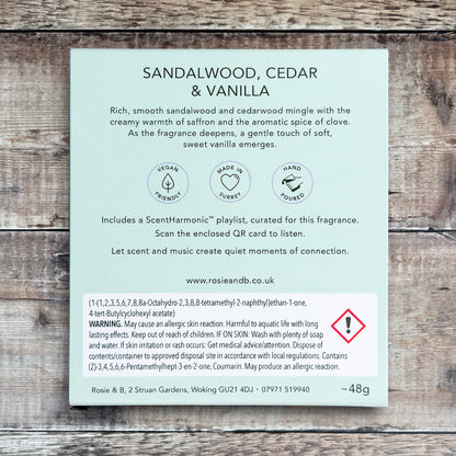 Sandalwood, Cedar & Vanilla wax melts product sleeve - back