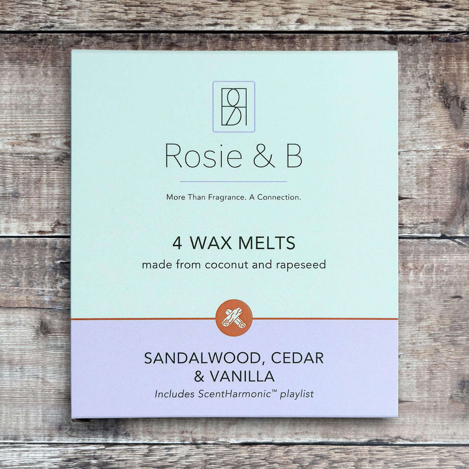 Sandalwood, Cedar & Vanilla wax melts product sleeve - front